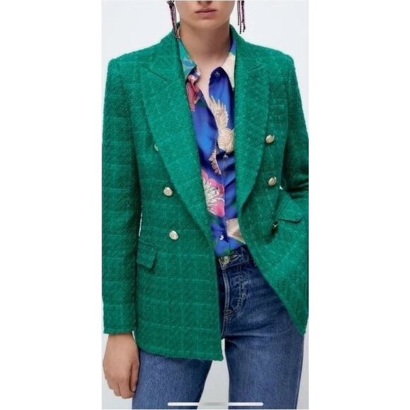 Zara Textured Double Breasted Blazer Coat Jacket Gold Button Green Plaid Large - Picture 1 of 16